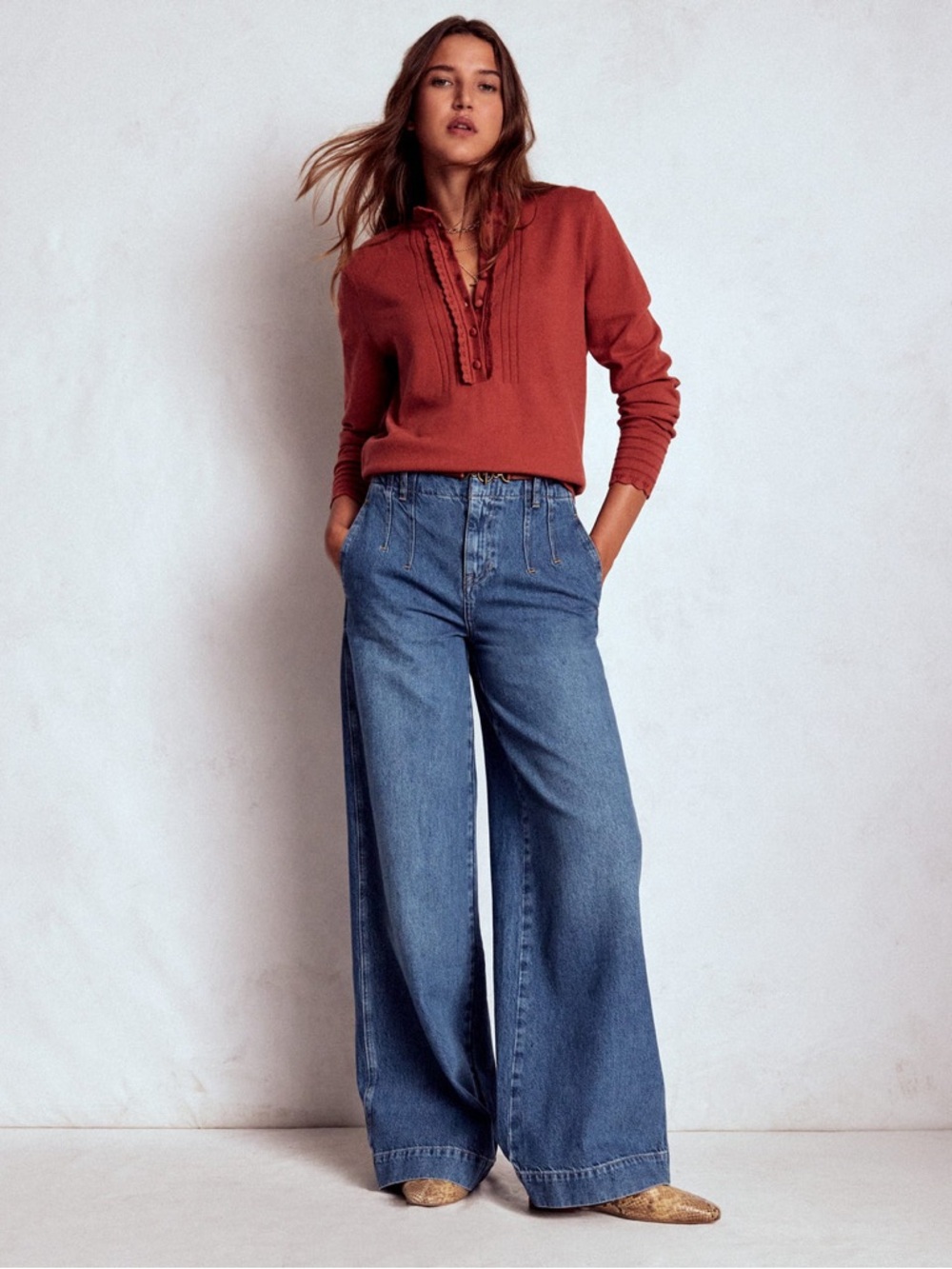 NWT Boden Stitch Detail Wide Leg Jeans Womens Size 30 High Waisted